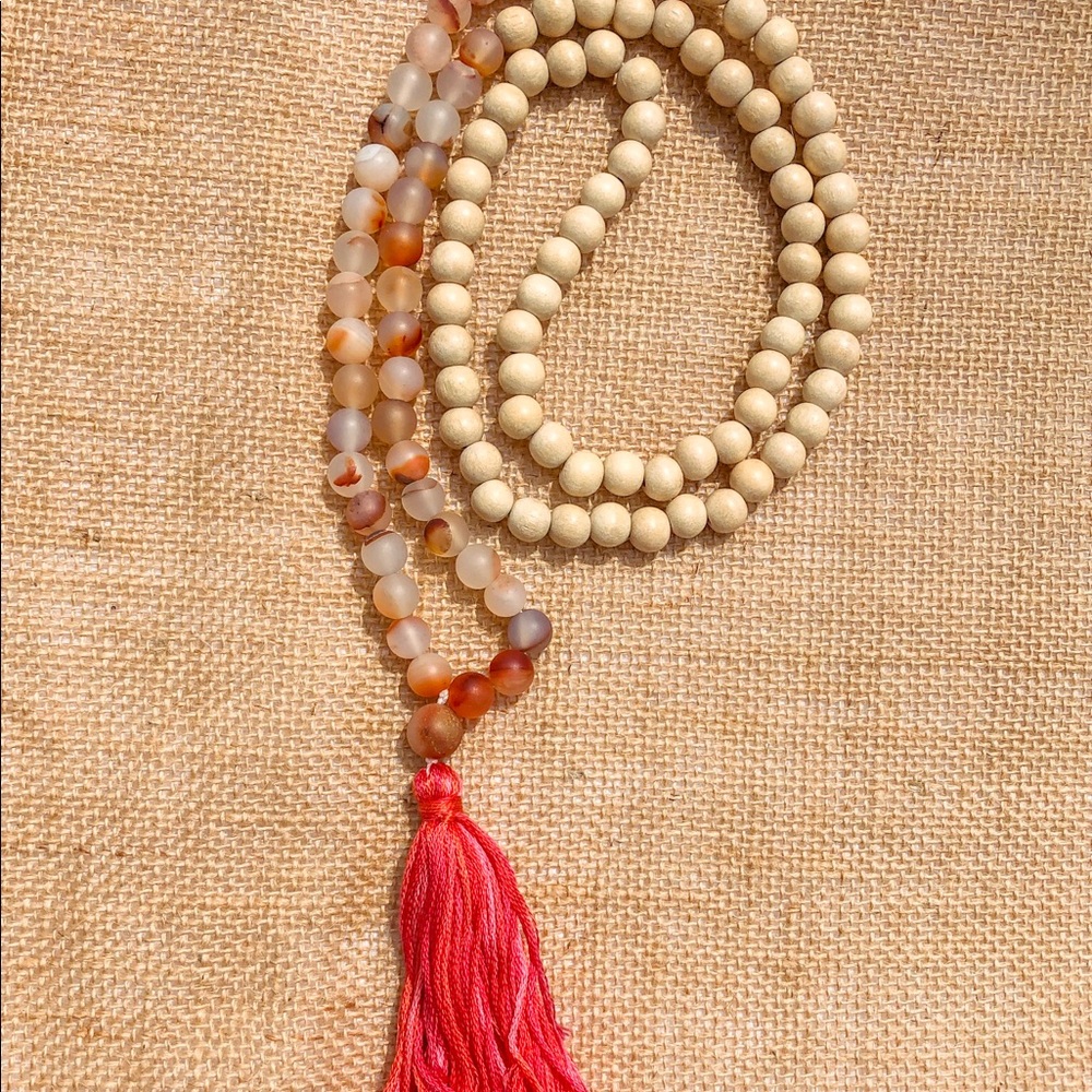 Red Flower Agate and White Wood Mala- 108 beads